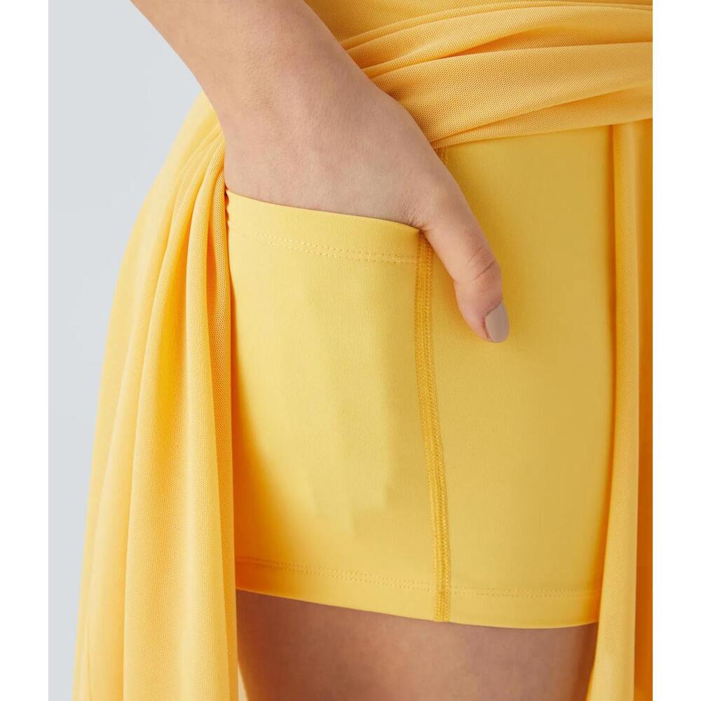 NWT Halara High Waisted Drawstring 2-in-1 Pocket Flowy Midi Skirt Popcorn S - Picture 9 of 12